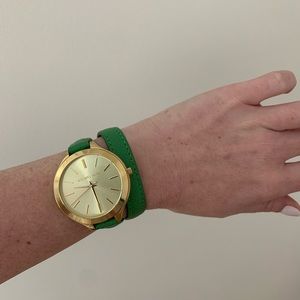 Michael Kors Women’s Double Wrap Watxh Run-way Gold Dial Slim Green Band 42mm